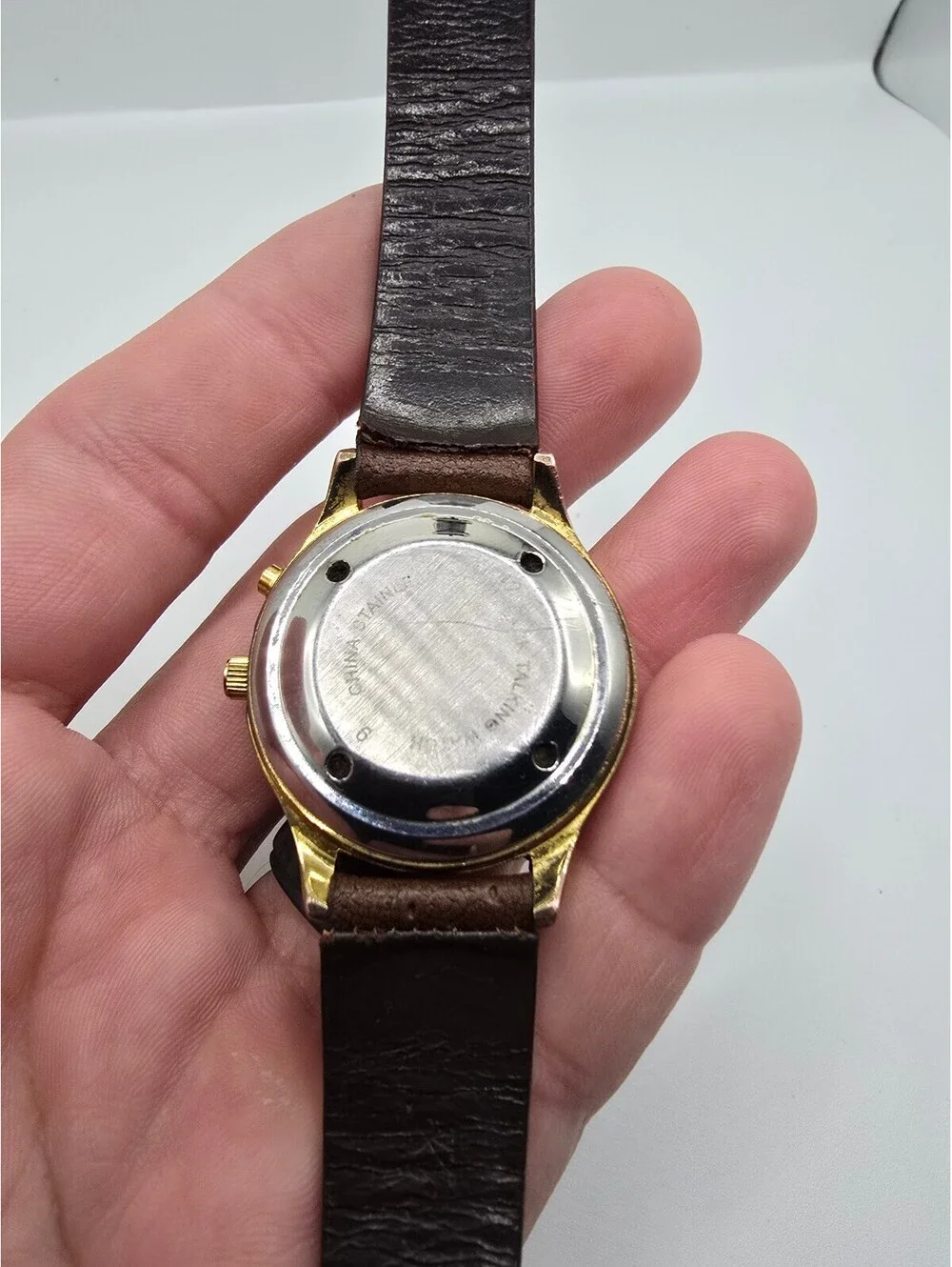 Time Optics Watch White Arabic Dial Gold Tone Brown Leather Strap